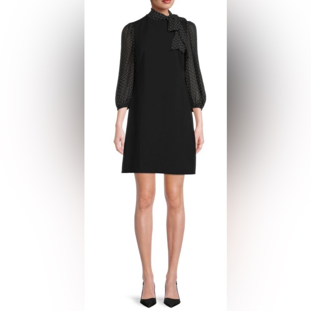 Calvin Klein Black Shift Dress with Polka Dot Sheer Sleeves and Neck Tie. NWT